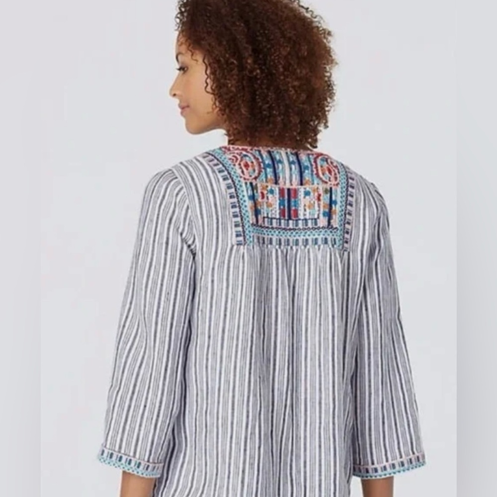 J. Jill Love Linen Striped Embroidered Boho Tunic Top with Tassels L - Picture 4 of 14